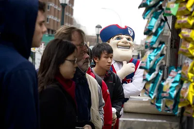 Quaker mascot in line at a food truck